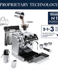 La Specialista Maestro Espresso Machine With Integrated Grinder And Eight Custom Adjustments To Pull Game Changing Cafe Quality Shots Daily Slick Steel Finish For Everyday Brew Masters with accessories and components.