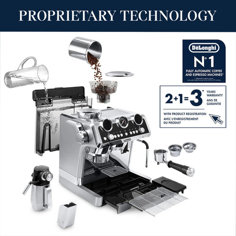 La Specialista Maestro Espresso Machine With Integrated Grinder And Eight Custom Adjustments To Pull Game Changing Cafe Quality Shots Daily Slick Steel Finish For Everyday Brew Masters with accessories and components.