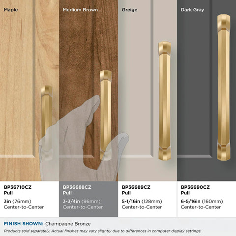 Comparison of multiple cabinet pulls in different finishes, showcasing the Bellamy Champagne Bronze Cabinet Pull 3-3/4 Inch Center To Center Mounting.