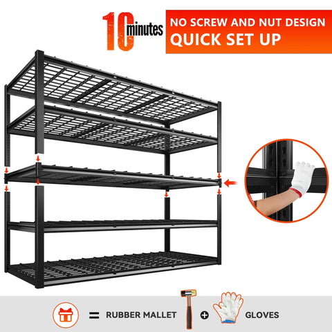 Heavy Duty 60 Inch Wide Garage Shelving Unit With 3000 Lbs Capacity, 5 Tier Metal Storage Racks For Garage Basement Pantry Workshop And More, Built To Last Steel Shelves For Maximum Space And Clean Up Clutter. 60W x 72H x 24D, no screw assembly