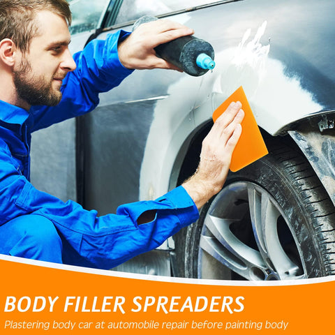 Mechanic using Six Piece Body Filler Spreaders Set for DIY Auto Body Repair on car fender, trapezoid plastic tool in use