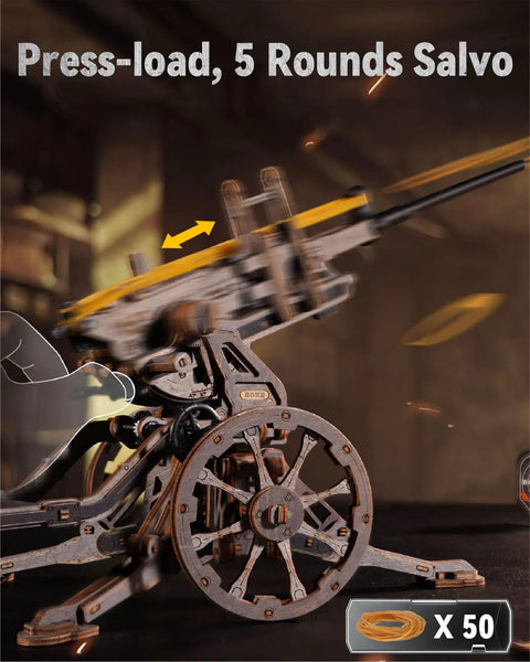 Anti Aircraft Gun Mechanical Model Kit With Semi Automatic Firing Action, Dope 3D Wooden Puzzle For Adults, DIY Rubber Band Gun Toy, Interactive Building Model Kit For Fun And Creative Play, wooden turret with x50 rubber bands