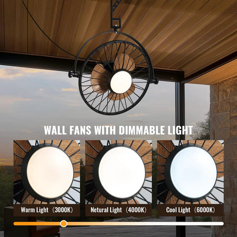 21 Inch Wall Mount Fan With Dimmable LED Light And Remote displaying adjustable color temperatures in an indoor setting