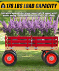 Red cart with purple flowers on grass, featuring 6 Inch By 1.5 Inch Flat Free Solid Rubber Tire And Wheel Assemblies Pack Of 2