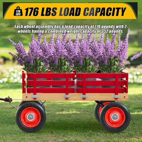 Red cart with purple flowers on grass, featuring 6 Inch By 1.5 Inch Flat Free Solid Rubber Tire And Wheel Assemblies Pack Of 2