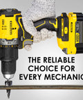Person holding a yellow and black cordless drill with a drill bit attached, captioned 'The Reliable Choice for Every Mechanic'.
