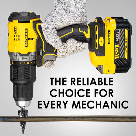 Person holding a yellow and black cordless drill with a drill bit attached, captioned 'The Reliable Choice for Every Mechanic'.