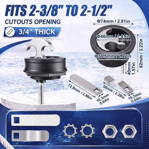 Four Pack Non-Locking Boat Hatch Latches Fits 2-3-8 To 2-1-2 Inch Cutouts Silver, black hatch latch with 72.8mm and 58mm shafts, stainless hardware
