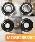 Tough As Nails Front Load Washer Bearing And Seal Kit For LG And Kenmore Tubs showing two steel bearings and two black gaskets.