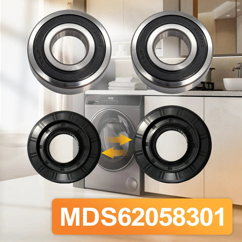Tough As Nails Front Load Washer Bearing And Seal Kit For LG And Kenmore Tubs showing two steel bearings and two black gaskets.