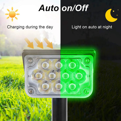 Green Solar Outdoor Spotlights 20 LED IP65 Waterproof Landscape Lights for Garden Path Yard Holiday Decor 4 Pack demonstrating auto on/off