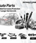 Assorted auto parts including brake kit, strut, and control arm, showcasing added corrosion protection and longer service life.