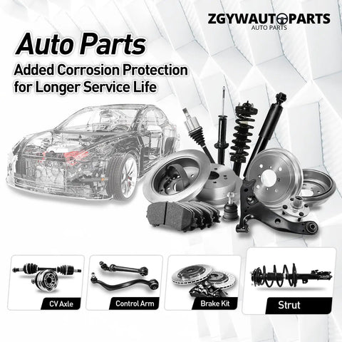 Assorted auto parts including brake kit, strut, and control arm, showcasing added corrosion protection and longer service life.