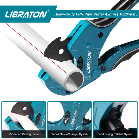 One And Five Eighths Inch Ratcheting PVC Cutter With Replacement Blade cutting 42mm PVC pipe, heavy duty aluminum body.