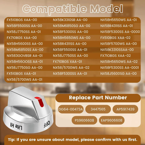 Beefed-Up DG64-00473A Top Burner Dial Knobs for Samsung Gas Range Ovens Replacement with compatible model list.