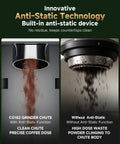 Conical Burr Coffee Grinder For Home Use With 34 Grind Settings, 40mm Stainless Steel Burr, showing anti-static chute feature.