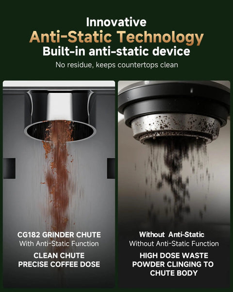 Conical Burr Coffee Grinder For Home Use With 34 Grind Settings, 40mm Stainless Steel Burr, showing anti-static chute feature.