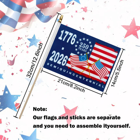 250th Anniversary USA Flags On Sticks 5x8 inch mini handheld flags with dimensions for assembly displayed.