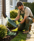 Man installing Angled Outdoor Drainage Grate Channel Kit With 4 Inch Built In Cover And Anti Clog Grid, Yard And Garden Drainage Solution