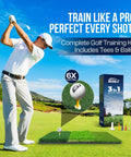 Range-Ready Indoor Outdoor Golf Hitting Mat With Realistic Grass Surface, box with accessories and golfer practicing swing.