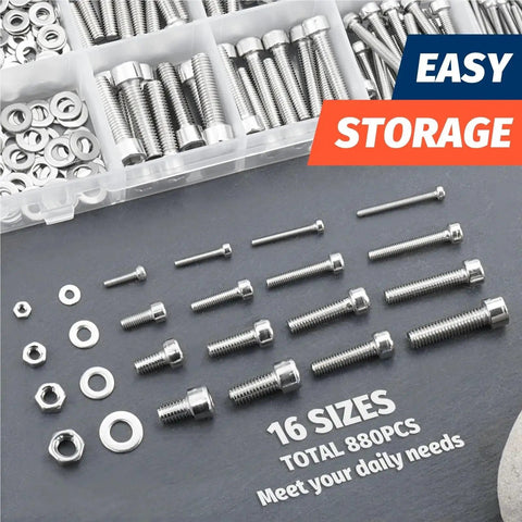880 Piece Stainless Steel Hex Nuts Bolts And Washers Set For Home DIY Projects M2 M3 M4 M5 Metric Assortment Kit With Smooth Threads And Durable Hardware For Quick Fixes And Strong Fastening, organized in storage box
