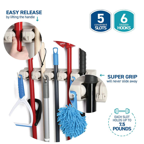 Mop And Broom Holder Wall Mount With Five Slots And Six Hooks, Heavy Duty Garage Organizer holding various cleaning tools.