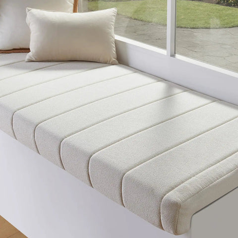Straight Up Solid Custom Size Hearth Cushion With Extra Thick Foam Padding For Baby Safe Fireplace Edge Protector And Non Slip Window Bench Seat Cover For Cozy Indoor Furniture Armor with neutral color and striped design.