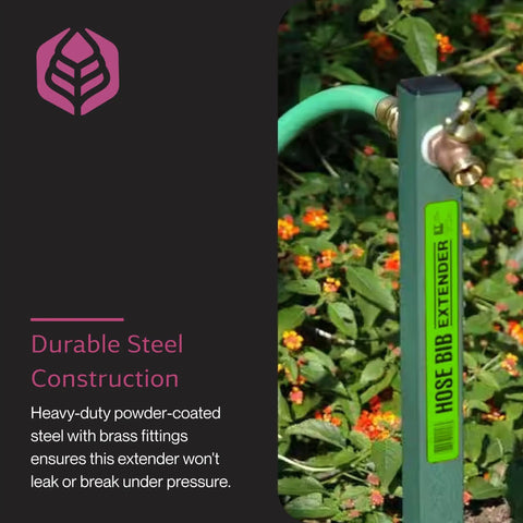 Garden Hose Bib Extender With Elevated Stand for Easy Water Access among flowers, featuring brass fittings and steel construction.