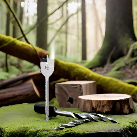 1 1/4 Inch Wood Spade Drill Bit Set 3 Piece Pack High Carbon Steel Flat Paddle Tools on mossy forest floor with wood logs.