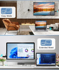 Wireless HD Transmitter And Receiver With 4K Decode 1080P Output shown in home theater and office setup, copy and extended modes