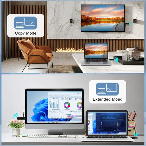 Wireless HD Transmitter And Receiver With 4K Decode 1080P Output shown in home theater and office setup, copy and extended modes