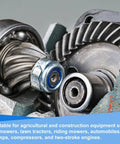 Close-up of metal gears illustrating use in agricultural and construction equipment like mowers, tractors, and engines.