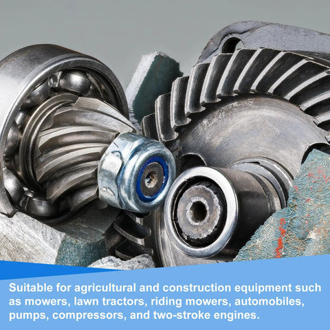 Close-up of metal gears illustrating use in agricultural and construction equipment like mowers, tractors, and engines.