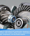 Close-up of gears and needle roller bearing, suitable for mowers, tractors, engines, and construction equipment use.