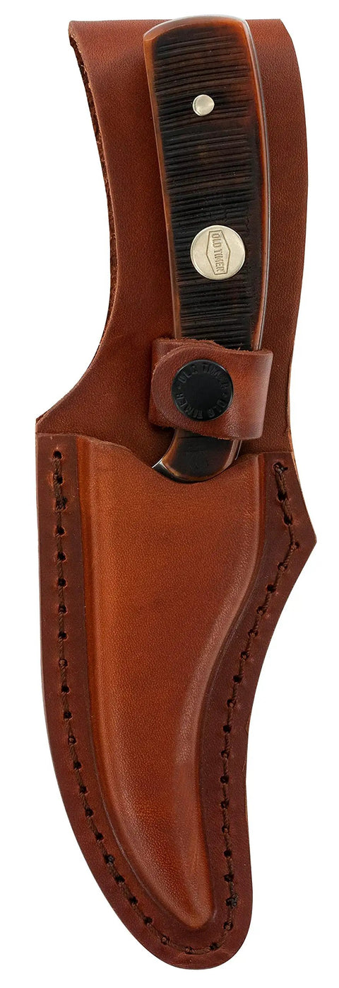 Generational USA Fixed Blade Knife With Three Point Five Inch Clip Point Skinner in leather sheath, bone handle visible