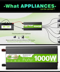 Pure Sine Wave Power Inverter 12V DC To 120V AC, 1000W Continuous, 2000W Surge, LED display, connected to various appliances