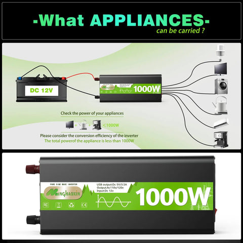 Pure Sine Wave Power Inverter 12V DC To 120V AC, 1000W Continuous, 2000W Surge, LED display, connected to various appliances