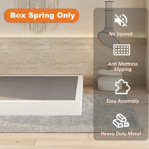 Heavy Duty Steel Box Spring For Queen Bed Base With Durable Cover And Quick No Sweat Setup Providing Rock Solid Mattress Support To Keep Your Bed Looking Sharp For Years, showing box spring with anti-slip features.