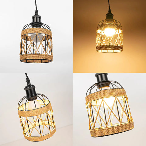 Kiven Instant Light Conversion Kit for 4/5/6inch Hole, 1-Light Glass Farmhouse Lighting Pendant Light with rattan design.