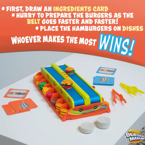 Burger Mania Build And Race Conveyor Belt Game For Kids 6 And Up Fast Paced Burger Assembly Challenge with cards on table