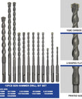 17 Piece SDS Plus Rotary Hammer Drill Bit And Chisel Set Carbide Tipped For Concrete Masonry Stone And Brick Includes Portable Storage Case Heavy Duty Beast Mode Demolition And Precise Holes with carbide tips and various sizes displayed in a row.