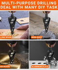 Five Piece HSS Spiral Step Drill Bit Set With Four Flutes And Nitride Coating For Heavy Duty Holes interacting with metal and wood