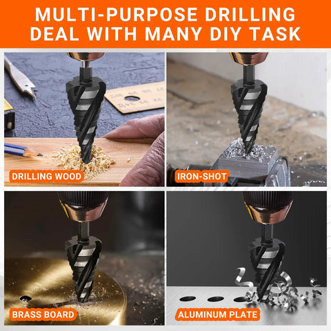 Five Piece HSS Spiral Step Drill Bit Set With Four Flutes And Nitride Coating For Heavy Duty Holes interacting with metal and wood