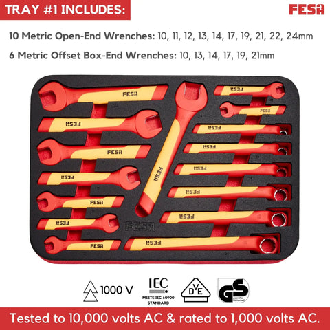 Master Electrician Insulated Tool Set With 50 Knuckle Buster Pliers And Screwdrivers Inside A Rock Solid Rolling Carry Case showing open-end and box-end wrenches in a tool tray.