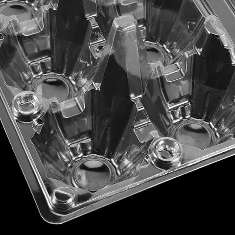 Close-up of Bulk 120 Pack Stackable Egg Cartons Half Dozen 6 Count For Kitchen Refrigerator Market Farm Storage Durable Plastic