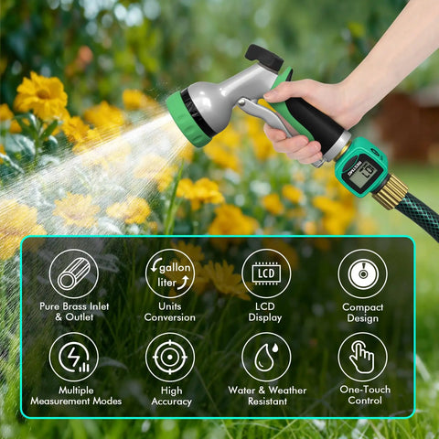 Person using heavy duty brass inlet and outlet water flow meter with LCD readout for garden hose amidst yellow flowers, showing LCD display.