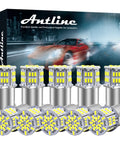 1156 1141 7506 BA15S LED Bulbs White, 10 Pack, shown with packaging, highlighting 54 SMD 3014 LED chips and 360 degree design