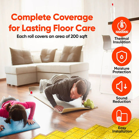 Top Tier Floor Underlayment Roll Covers 200 Sq Ft Of Laminate And Hardwood With Built In Moisture Seal and Noise Control visible in home gym setup.
