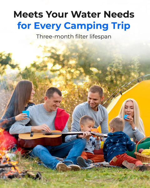 Group of campers enjoying outdoor camping with RV Inline Water Filter NSF Certified Reduces Chlorine Bad Taste And Odor With KDF And GAC Filtration 2 Pack