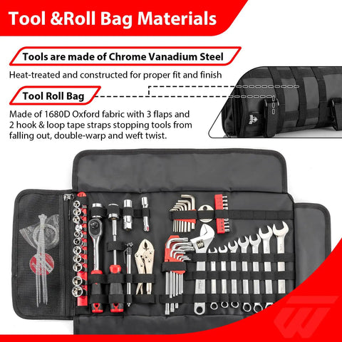 64 Piece Motorcycle Tool Kit With Roll Pouch For Harley Davidson And All Models Built To Tackle Any Trail Or Street Ride open view
